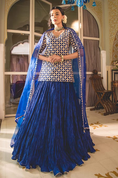 Surbhi Shah Blue Spun Silk Embroidery Geometric Leaf Zardosi Kurta And Lehenga Set 