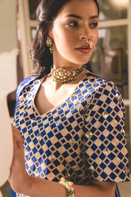Buy Surbhi Shah Blue Kota Doria, Silk Embroidery, Zari Geometric Zardosi Kurta And Lehenga Set Online at Aza Fashions Buy_Surbhi Shah_Blue Kota Doria, Silk Embroidery, Zari Geometric Zardosi Kurta And Lehenga Set _Online_at_Aza_Fashions