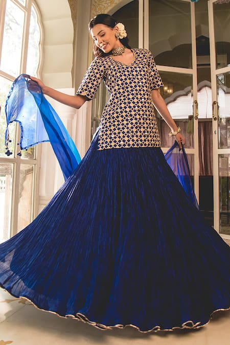 Shop Surbhi Shah Blue Kota Doria, Silk Embroidery, Zari Geometric Zardosi Kurta And Lehenga Set Online at Aza Fashions Shop_Surbhi Shah_Blue Kota Doria, Silk Embroidery, Zari Geometric Zardosi Kurta And Lehenga Set _Online_at_Aza_Fashions