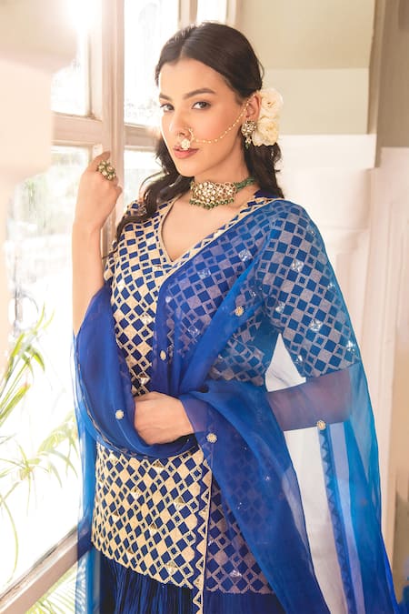 Surbhi Shah Blue Kota Doria, Silk Embroidery, Zari Geometric Zardosi Kurta And Lehenga Set at Aza Fashions Surbhi Shah_Blue Kota Doria, Silk Embroidery, Zari Geometric Zardosi Kurta And Lehenga Set _at_Aza_Fashions