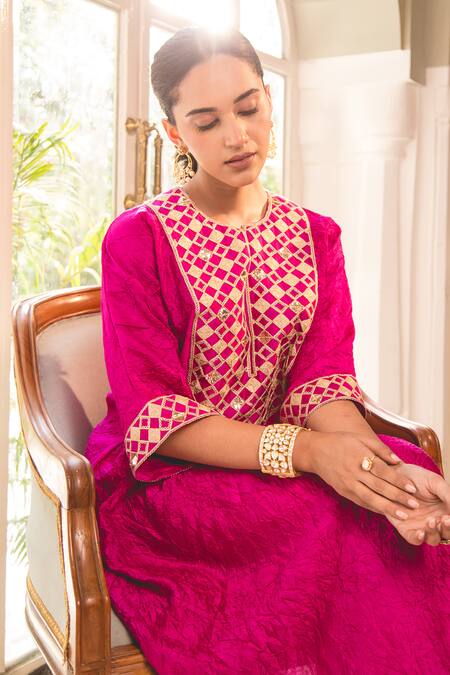 Surbhi Shah Pink Silk Embroidery Round Neck Zardosi A-line Kurta With Pant Online at Aza Fashions Surbhi Shah_Pink Silk Embroidery Round Neck Zardosi A-line Kurta With Pant _Online_at_Aza_Fashions