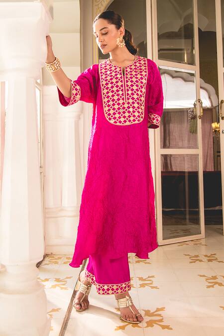 Buy Surbhi Shah Pink Silk Embroidery Round Neck Zardosi A-line Kurta With Pant Online at Aza Fashions Buy_Surbhi Shah_Pink Silk Embroidery Round Neck Zardosi A-line Kurta With Pant _Online_at_Aza_Fashions