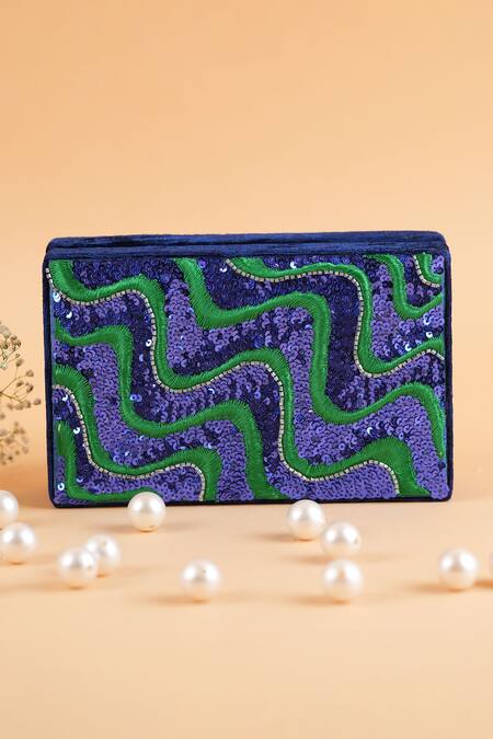 Feza Bags Blue Embroidery Color Block Clutch Online at Aza Fashions Feza Bags_Blue Embroidery Color Block Clutch _Online_at_Aza_Fashions