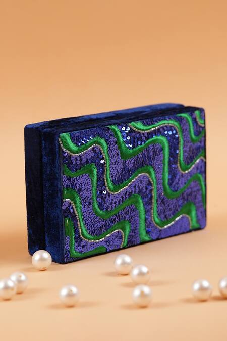 Shop Feza Bags Blue Embroidery Color Block Clutch Online at Aza Fashions Shop_Feza Bags_Blue Embroidery Color Block Clutch _Online_at_Aza_Fashions