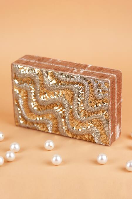 Feza Bags_Gold Embroidery Sequin Clutch _Online_at_Aza_Fashions