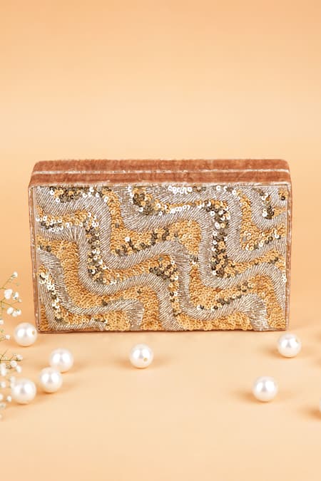 Buy_Feza Bags_Gold Embroidery Sequin Clutch _Online_at_Aza_Fashions