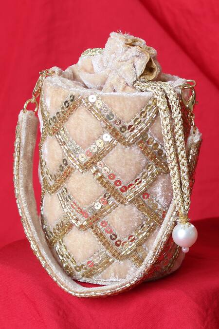 Feza Bags Beige Embroidery Trellis Circular Bag Online at Aza Fashions Feza Bags_Beige Embroidery Trellis Circular Bag _Online_at_Aza_Fashions