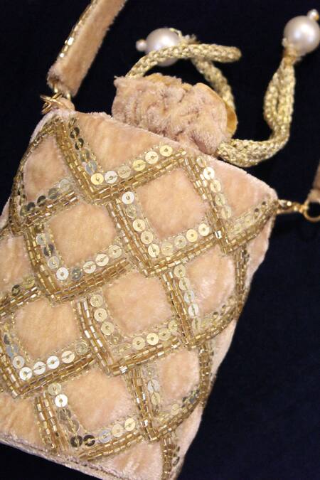 Shop Feza Bags Beige Embroidery Trellis Circular Bag Shop_Feza Bags_Beige Embroidery Trellis Circular Bag