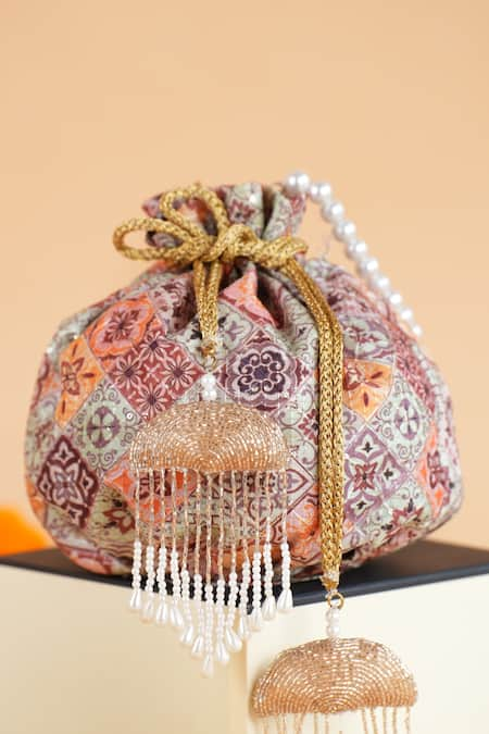 FEZA BAGS Floral Tile Pattern Potli Bag 