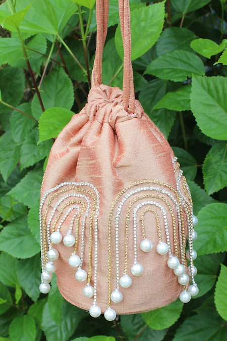 FEZA BAGS Rose Gold Embellished Rhinestone Potli Bag 