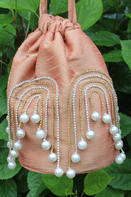 Feza Bags_Rose Gold Embellished Rhinestone Potli Bag _Online_at_Aza_Fashions