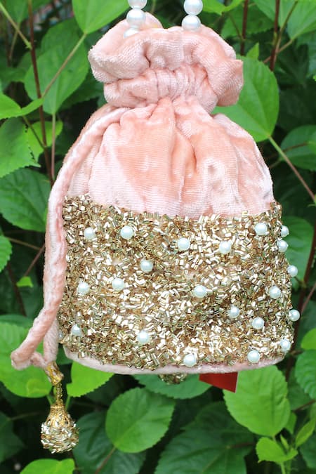 Feza Bags_Pink Embellished Cutdana Velvet Potli Bag _Online_at_Aza_Fashions