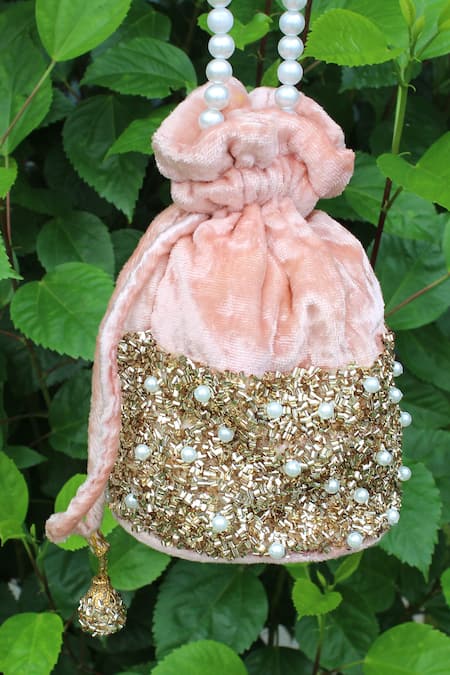 Buy_Feza Bags_Pink Embellished Cutdana Velvet Potli Bag _Online_at_Aza_Fashions