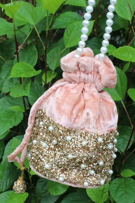 Shop_Feza Bags_Pink Embellished Cutdana Velvet Potli Bag _Online_at_Aza_Fashions