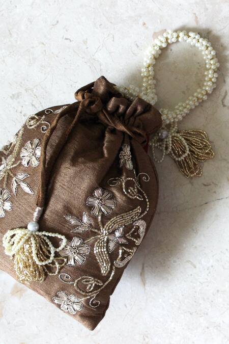 Feza Bags_Brown Embroidery Flower Potli Bag _Online_at_Aza_Fashions