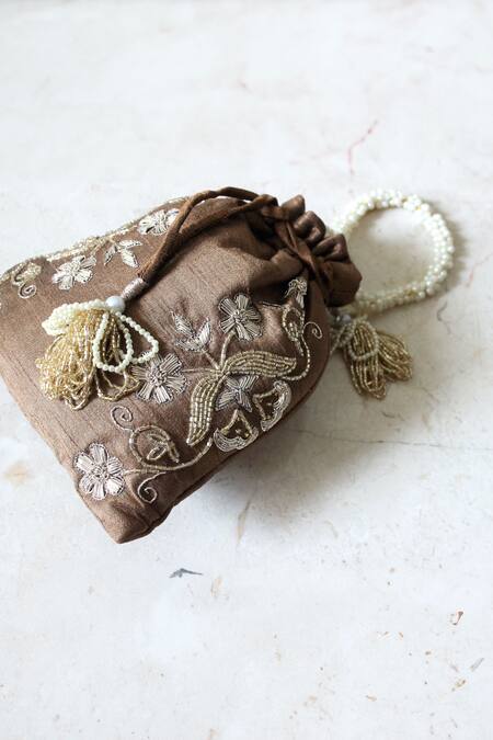 Buy_Feza Bags_Brown Embroidery Flower Potli Bag _Online_at_Aza_Fashions