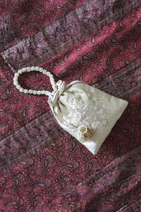 Feza Bags_Ivory Embroidery, Zari Flower Vine Potli Bag _Online_at_Aza_Fashions