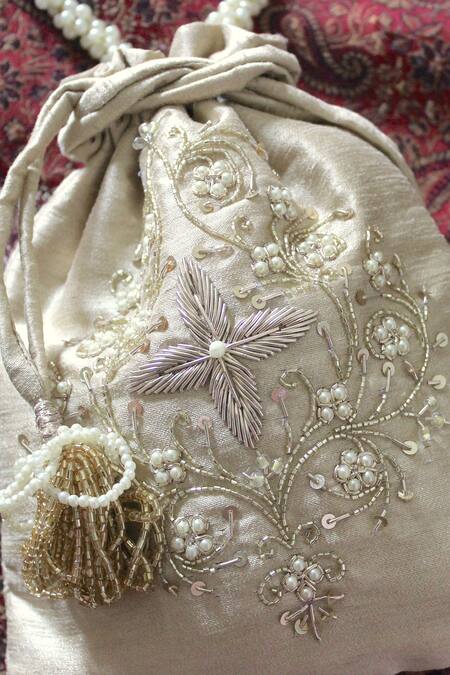 Buy_Feza Bags_Ivory Embroidery, Zari Flower Vine Potli Bag _Online_at_Aza_Fashions