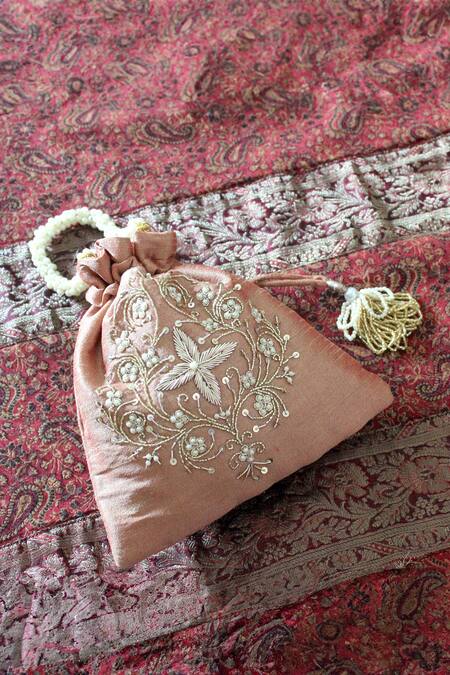 Feza Bags_Rose Gold Embroidery Floral Vine Potli Bag _Online_at_Aza_Fashions