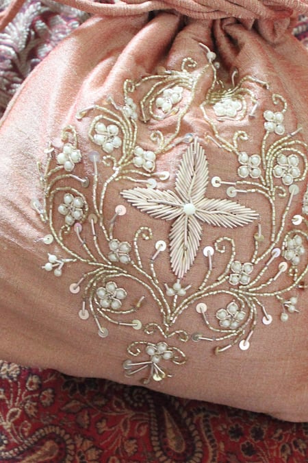 Buy_Feza Bags_Rose Gold Embroidery Floral Vine Potli Bag _Online_at_Aza_Fashions