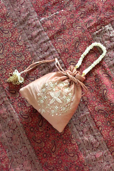 Shop_Feza Bags_Rose Gold Embroidery Floral Vine Potli Bag _Online_at_Aza_Fashions
