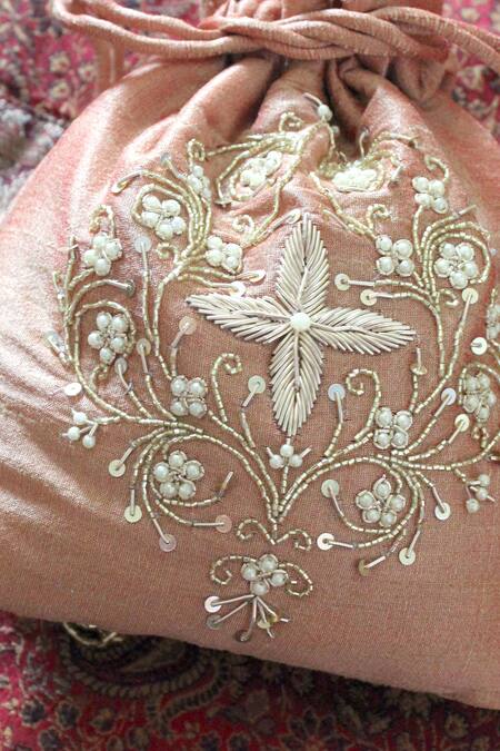 Feza Bags_Rose Gold Embroidery Floral Vine Potli Bag _at_Aza_Fashions