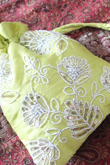 Feza Bags_Green Embroidery Beads Potli Bag _Online_at_Aza_Fashions