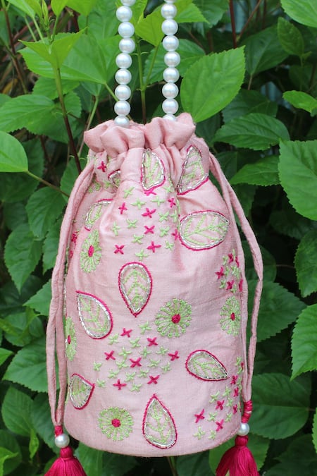 Feza Bags_Pink Embroidery Abstract Floral Potli Bag _Online_at_Aza_Fashions