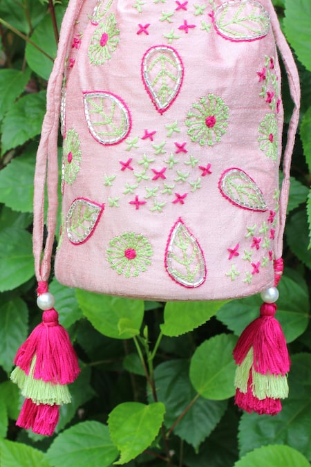 Buy_Feza Bags_Pink Embroidery Abstract Floral Potli Bag _Online_at_Aza_Fashions