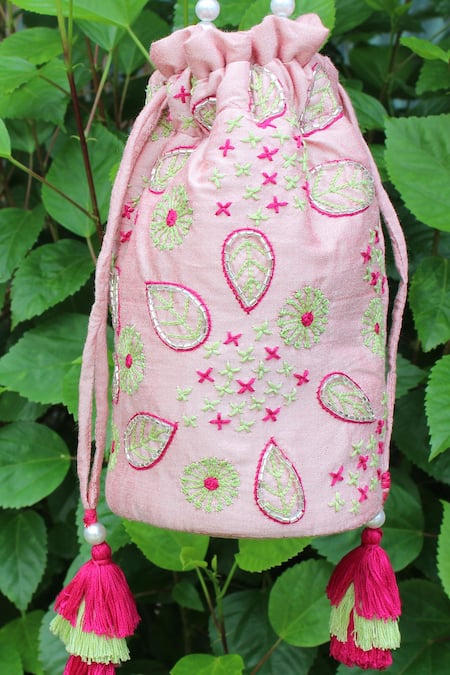 Shop_Feza Bags_Pink Embroidery Abstract Floral Potli Bag _Online_at_Aza_Fashions