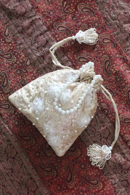 Feza Bags_Gold Applique, Sequins, Pearls 3d Floral Potli _Online_at_Aza_Fashions