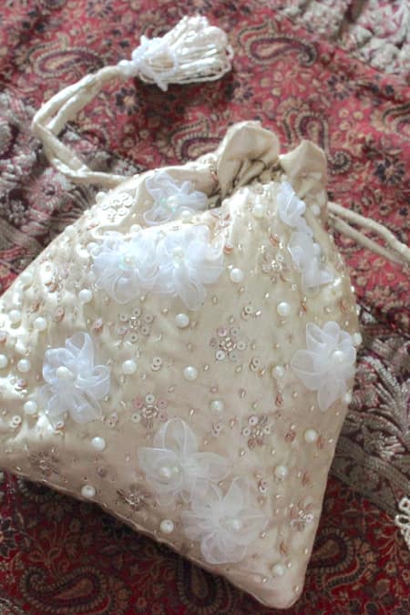 Buy_Feza Bags_Gold Applique, Sequins, Pearls 3d Floral Potli _Online_at_Aza_Fashions