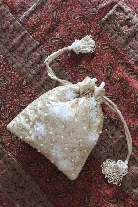 Feza Bags_Gold Applique, Sequins, Pearls 3d Floral Potli _at_Aza_Fashions