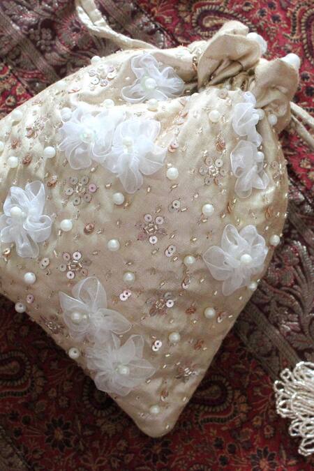 Shop_Feza Bags_Gold Applique, Sequins, Pearls 3d Floral Potli 