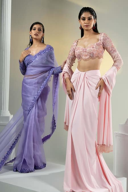 House Of Karmah_Purple Silk Organza, Lace Embroidery, Lavender Dreams Saree With Blouse _Online_at_Aza_Fashions