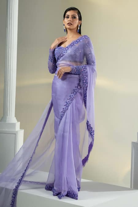 Buy_House Of Karmah_Purple Silk Organza, Lace Embroidery, Lavender Dreams Saree With Blouse _Online_at_Aza_Fashions