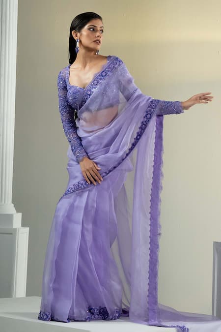 Shop_House Of Karmah_Purple Silk Organza, Lace Embroidery, Lavender Dreams Saree With Blouse _Online_at_Aza_Fashions