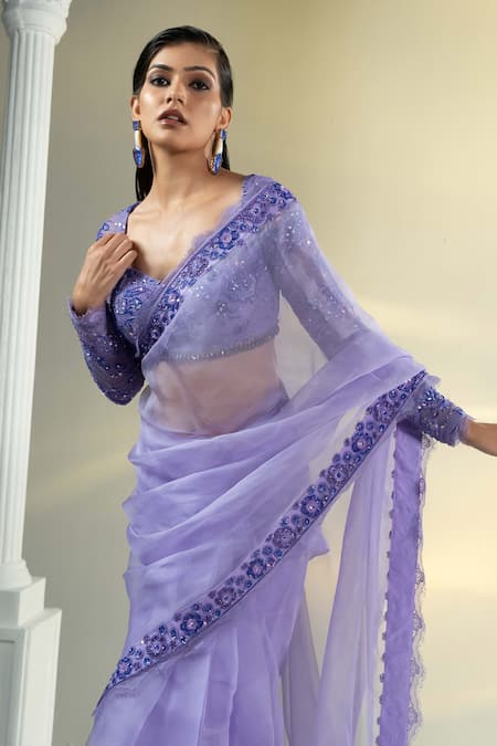 House Of Karmah_Purple Silk Organza, Lace Embroidery, Lavender Dreams Saree With Blouse _at_Aza_Fashions