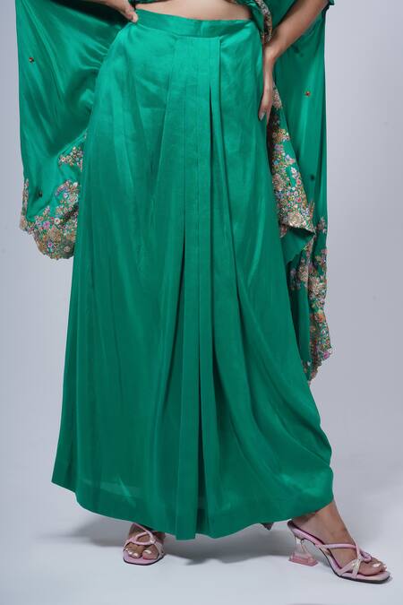 Anamika Khanna Green Silk Embroidery V-neck Kaftan And Draped Skirt Set Online at Aza Fashions Anamika Khanna_Green Silk Embroidery V-neck Kaftan And Draped Skirt Set_Online_at_Aza_Fashions