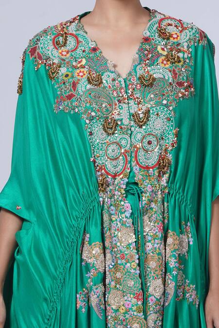 Buy Anamika Khanna Green Silk Embroidery V-neck Kaftan And Draped Skirt Set Online at Aza Fashions Buy_Anamika Khanna_Green Silk Embroidery V-neck Kaftan And Draped Skirt Set_Online_at_Aza_Fashions
