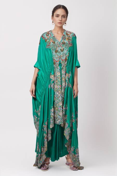Shop Anamika Khanna Green Silk Embroidery V-neck Kaftan And Draped Skirt Set Online at Aza Fashions Shop_Anamika Khanna_Green Silk Embroidery V-neck Kaftan And Draped Skirt Set_Online_at_Aza_Fashions
