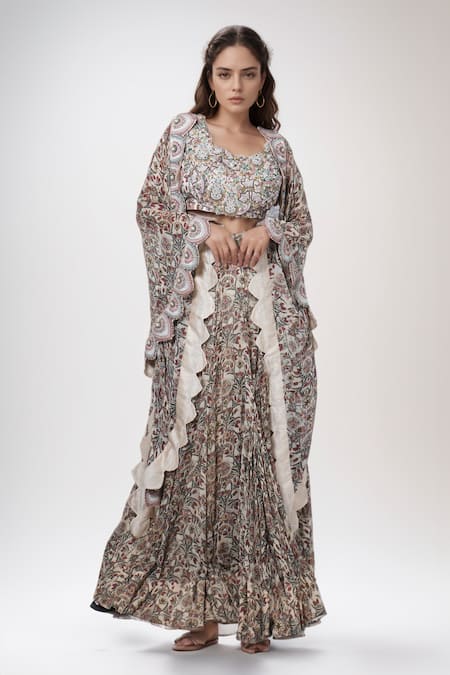 Anamika Khanna Floral Print Cape Skirt Set 