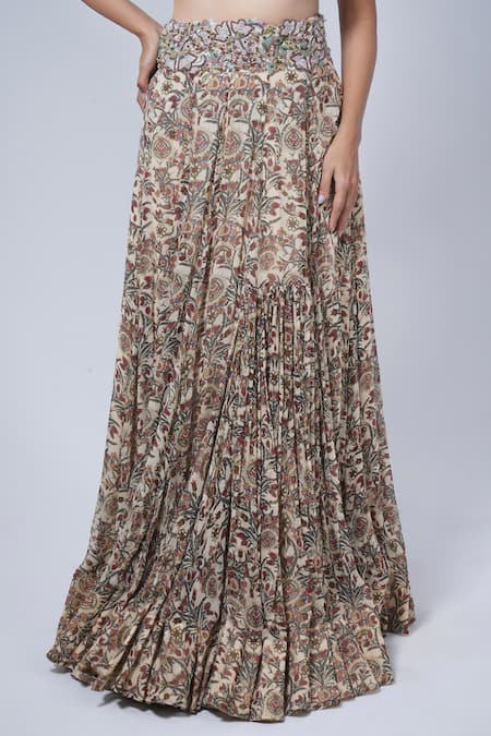 Anamika Khanna Beige Cotton Sequins, Embroidery Round Neck Floral Print Cape Skirt Set Online at Aza Fashions Anamika Khanna_Beige Cotton Sequins, Embroidery Round Neck Floral Print Cape Skirt Set _Online_at_Aza_Fashions