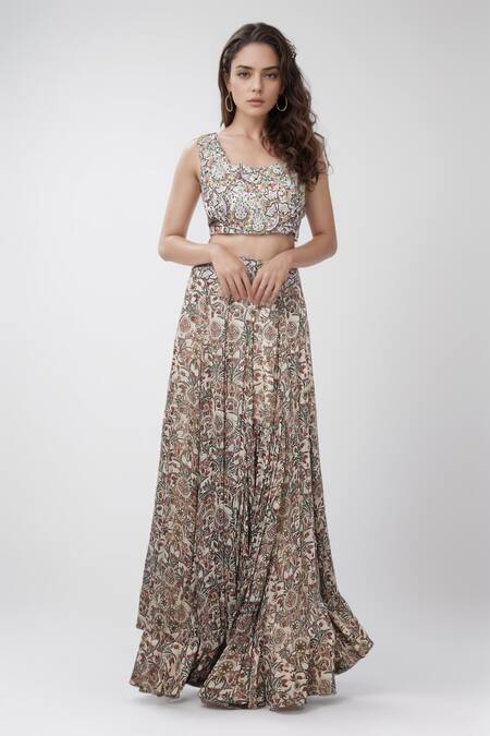 Shop Anamika Khanna Beige Cotton Sequins, Embroidery Round Neck Floral Print Cape Skirt Set Online at Aza Fashions Shop_Anamika Khanna_Beige Cotton Sequins, Embroidery Round Neck Floral Print Cape Skirt Set _Online_at_Aza_Fashions