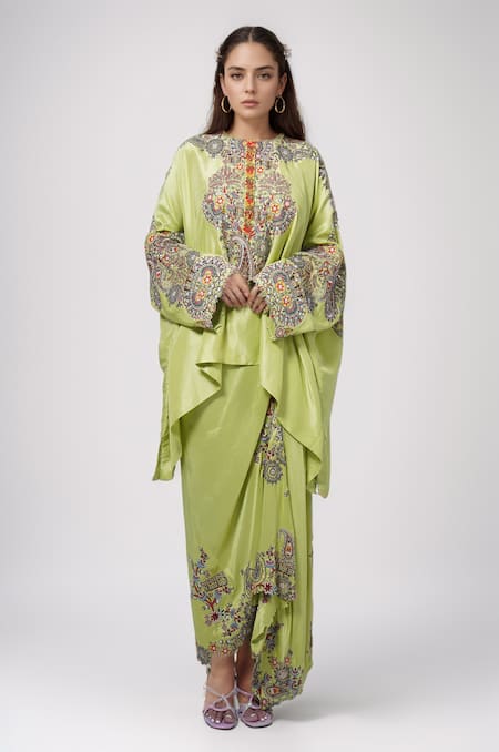 Anamika Khanna Green Embroidered Floral Round Kaftan Tunic And Draped Skirt Set 