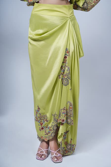 Anamika Khanna Green Silk Embroidery Round Neck Floral Kaftan Tunic And Draped Skirt Set Online at Aza Fashions Anamika Khanna_Green Silk Embroidery Round Neck Floral Kaftan Tunic And Draped Skirt Set_Online_at_Aza_Fashions