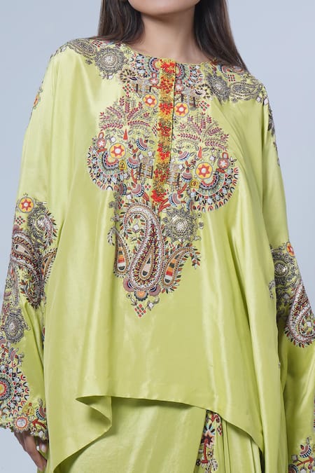 Buy Anamika Khanna Green Silk Embroidery Round Neck Floral Kaftan Tunic And Draped Skirt Set Online at Aza Fashions Buy_Anamika Khanna_Green Silk Embroidery Round Neck Floral Kaftan Tunic And Draped Skirt Set_Online_at_Aza_Fashions