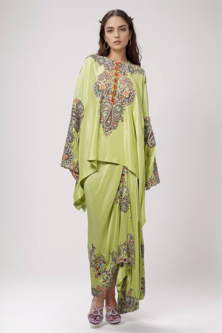 Shop Anamika Khanna Green Silk Embroidery Round Neck Floral Kaftan Tunic And Draped Skirt Set Online at Aza Fashions Shop_Anamika Khanna_Green Silk Embroidery Round Neck Floral Kaftan Tunic And Draped Skirt Set_Online_at_Aza_Fashions