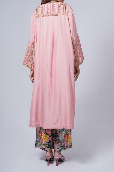 Shop Debyani + CO Pink Cotton Fringe, Embroidery Round Neck Kurta And Floral Print Pant Set at Aza Fashions Shop_Debyani + CO_Pink Cotton Fringe, Embroidery Round Neck Kurta And Floral Print Pant Set _at_Aza_Fashions