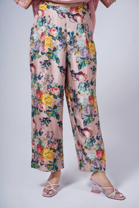 Debyani + CO Pink Cotton Fringe, Embroidery Round Neck Kurta And Floral Print Pant Set Online at Aza Fashions Debyani + CO_Pink Cotton Fringe, Embroidery Round Neck Kurta And Floral Print Pant Set _Online_at_Aza_Fashions